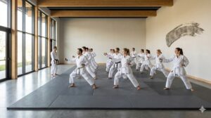 Martial arts dojo interior with students and instructor practicing on mats with natural light.