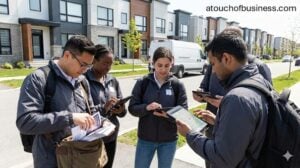 Flyer distribution team using tablets to coordinate deliveries in a suburban neighborhood.