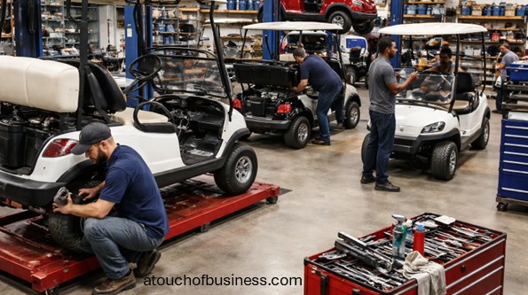 Professional mechanics servicing vehicles in a modern, well-lit golf cart repair shop.