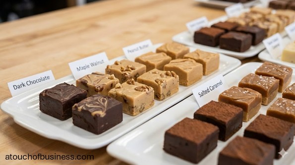 A close-up view of a gourmet fudge display with various flavors like chocolate and maple walnut on white trays.