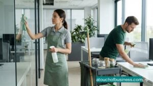 Cleaners using eco-friendly products in a modern office for a sustainable green cleaning business.