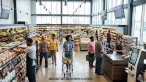 Busy modern grocery store interior featuring diverse shoppers, organized produce aisles, and a clean checkout area.