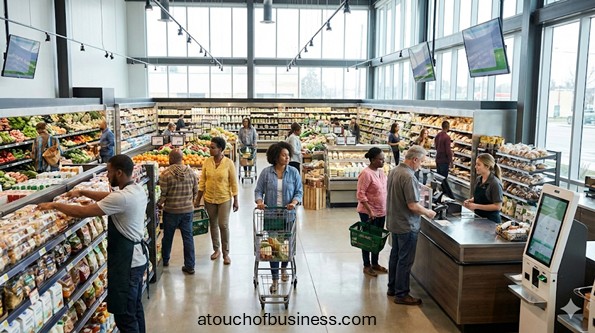 Busy modern grocery store interior featuring diverse shoppers, organized produce aisles, and a clean checkout area.
