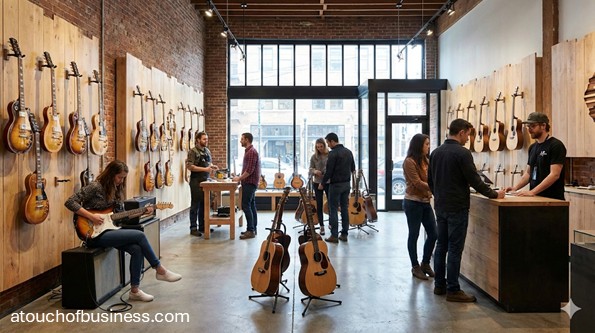 Inside a modern guitar shop with customers browsing instruments and staff assisting at a rustic wooden counter.