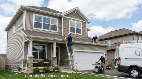 Professional gutter installation team working on a modern suburban home with seamless gutter equipment and service van.