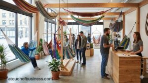 Hammock retail store interior with customers browsing colorful displays in a bright, stylish showroom.