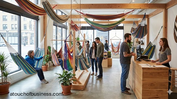 Hammock retail store interior with customers browsing colorful displays in a bright, stylish showroom.