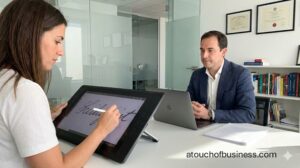 Modern handwriting analysis business with professional analyst using a digital tablet for graphology consulting.