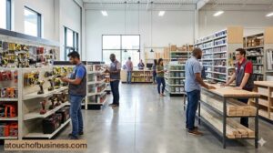 Customers and staff interacting inside a bright, modern hardware store with organized tool aisles and service desks.