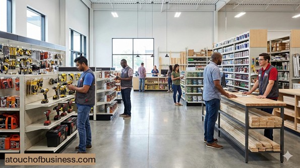 Customers and staff interacting inside a bright, modern hardware store with organized tool aisles and service desks.