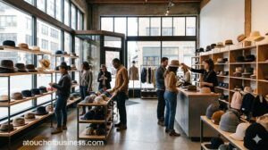 Customers browse stylish headwear in a modern, sunlit hat boutique with wooden displays and minimalist interior design.