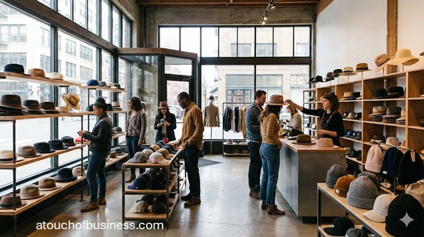 Customers browse stylish headwear in a modern, sunlit hat boutique with wooden displays and minimalist interior design.