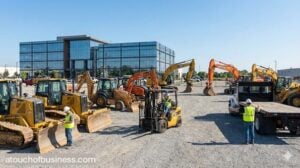 Heavy equipment rental yard with construction machinery and safety workers in operation.