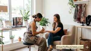 Henna artist applying an intricate design to a client's hand in a bright, modern studio boutique.