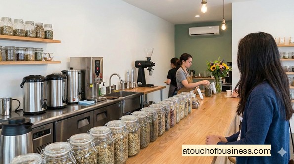 Modern herbal tea shop interior with staff serving a customer at a wooden counter lined with glass tea jars.