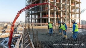 High-angle view of a construction crew pouring concrete for a high-rise floor slab using a boom pump.