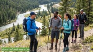 Professional hiking guide leading a diverse group on a scenic mountain trail for a tour business.
