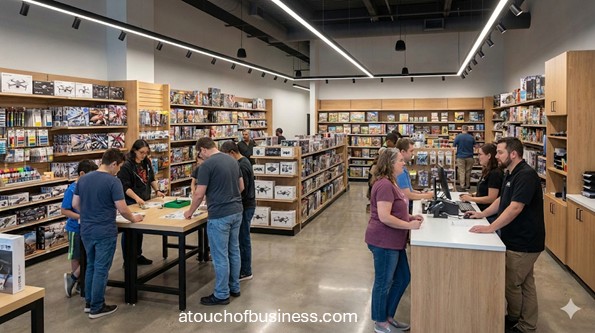 Busy hobby store interior with customers browsing shelves and staff assisting at a clean checkout counter.