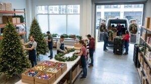 Team working at a professional holiday decoration service warehouse preparing Christmas trees, garlands, and loading a delivery van.