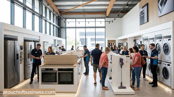 Customers browsing refrigerators and washing machines in a modern, well-lit home appliance retail store showroom.