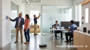 Professionals demonstrating smart home technology and security systems in a modern automation business office.
