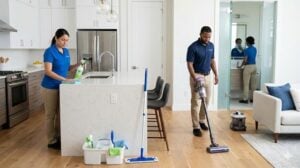 Cleaners in blue uniforms cleaning a modern kitchen and living room for a home cleaning service.