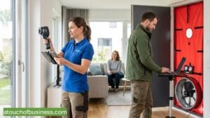 Professional energy audit in a modern home using thermal imaging and blower door testing equipment.