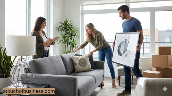 Professional home stagers arranging a modern grey sofa and artwork in a bright, sunlit living room.