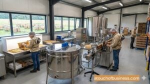 Workers using modern extraction and bottling machinery in a professional honey production facility.