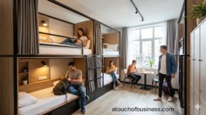 Travelers inside a modern hostel dorm room featuring private bunk bed pods, lockers, and a work area.