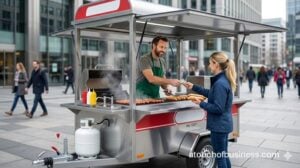 A male vendor operates a galvanized steel hot dog trailer on a busy city plaza.