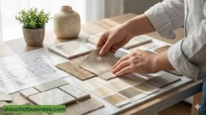 Interior designer hands creating a mood board with fabric swatches, tiles, and sketches for a modern home decor project.