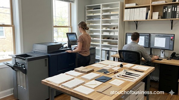 A team of designers working in a modern wedding invitation studio with a digital printer and design