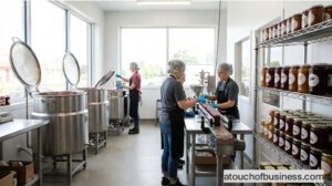 Staff working in a modern jam production facility with stainless steel equipment and rows of fresh fruit preserves.