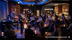 A live jazz band performing in a modern, upscale club with patrons enjoying drinks in a sophisticated lounge setting,