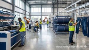 A Jeans manufacturing factory floor with workers, denim rolls, and automated production machinery.