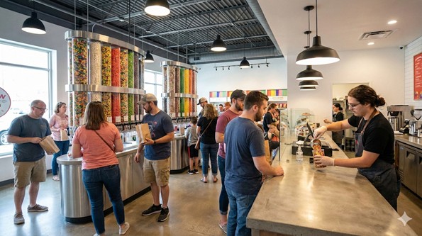 Customers shopping in a jellybean store with floor-to-ceiling candy dispensers and a sleek service counter.
