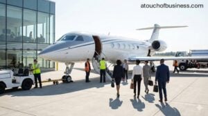 Business professionals boarding a sleek private jet for a corporate charter flight at a modern terminal.