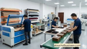Employees in a modern jewelry box manufacturing facility using laser cutters and assembly lines for production.