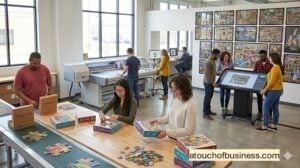 A busy jigsaw puzzle manufacturing facility with staff designing, printing artwork, and packaging puzzles on a conveyor line.