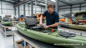 An employee assembling a kayak by attaching the seat and rigging in a bright, organized manufacturing facility.