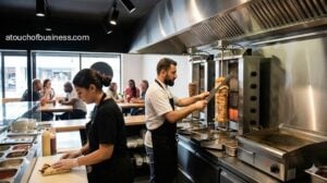 Chef slicing meat from a vertical rotisserie in a busy, contemporary kebab restaurant kitchen.