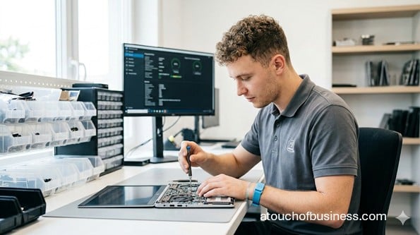 Male technician assembling a laptop motherboard in a bright, modern electronics repair workshop.