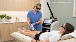 Clinician performing professional laser hair removal on a patient's leg in a modern, clean medical spa clinic.