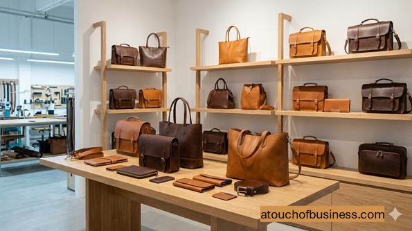A curated display of handcrafted brown leather satchels, tote bags, wallets, and belts in a bright, modern showroom setting.