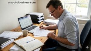 A man in on office working on a computer with files on the desk.