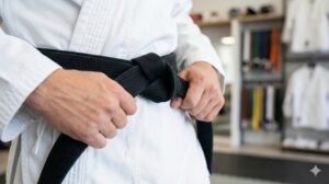 A close-up of a person's hands tying a black martial arts belt around the waist of a white gi.