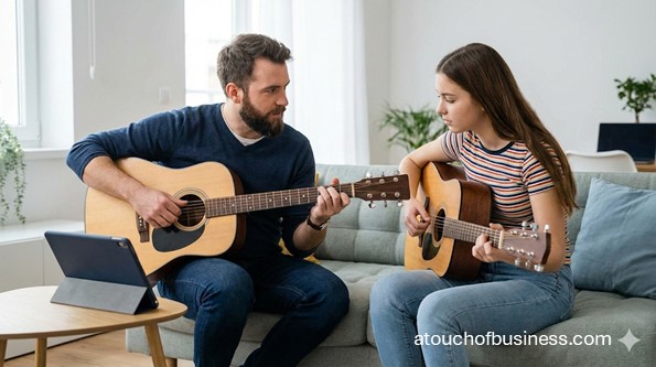 A professional guitar instructor teaching a student acoustic guitar in a modern, bright home studio setting.