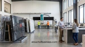 Modern marble and granite facility showing large stone slabs and a CNC bridge saw in a clean workshop showroom.