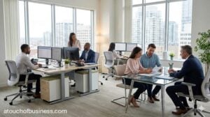 Mortgage broker office in operation with professionals working at desks and meeting with clients.